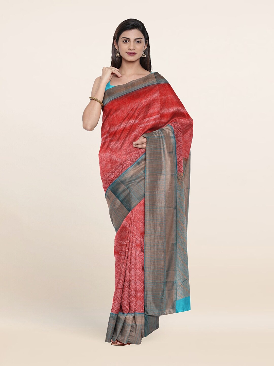 

Pothys Peach-Coloured & Blue Woven Design Zari Pure Silk Saree