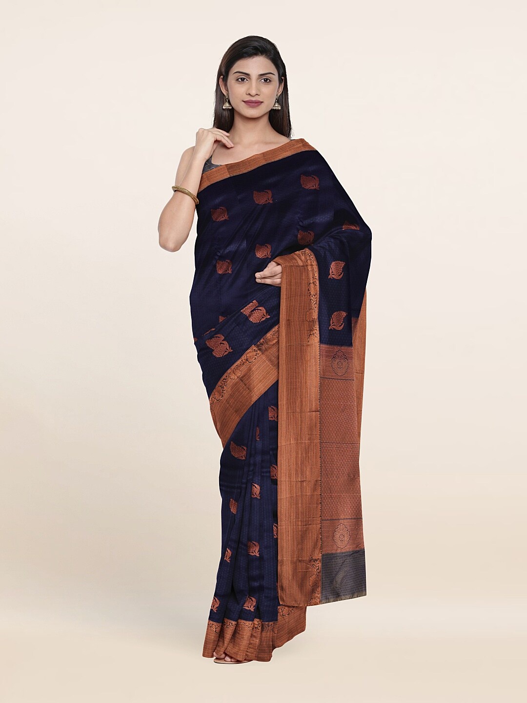 

Pothys Navy Blue & Copper-Toned Woven Design Zari Pure Silk Saree