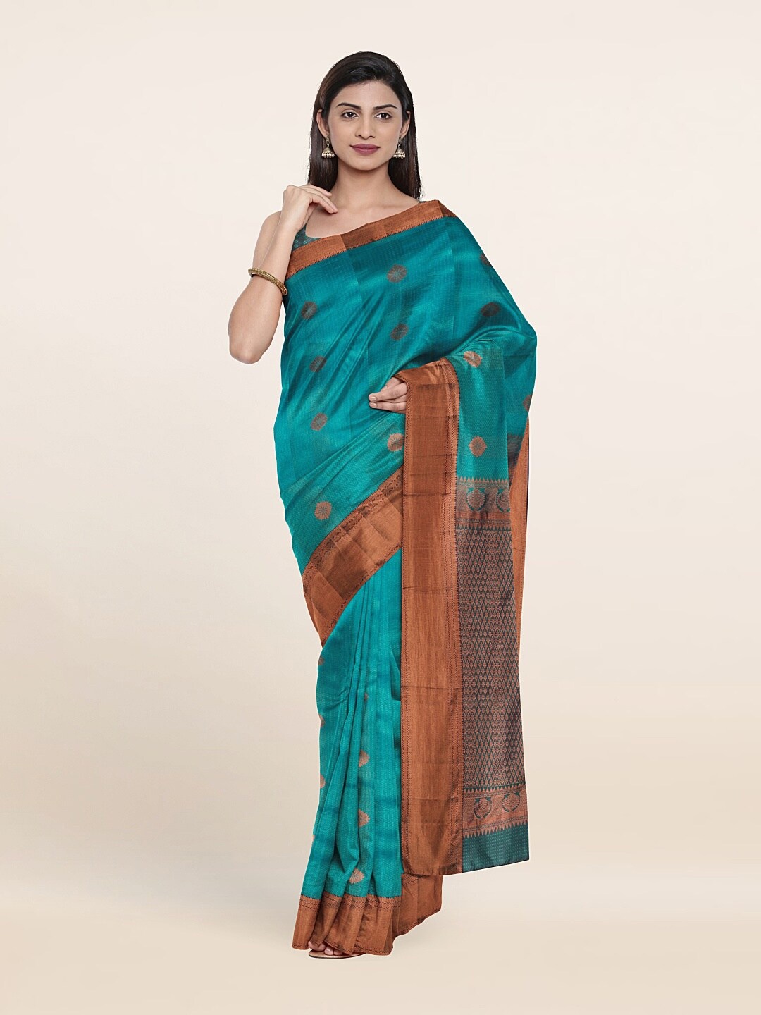 

Pothys Blue & Copper-Toned Woven Design Zari Pure Silk Saree