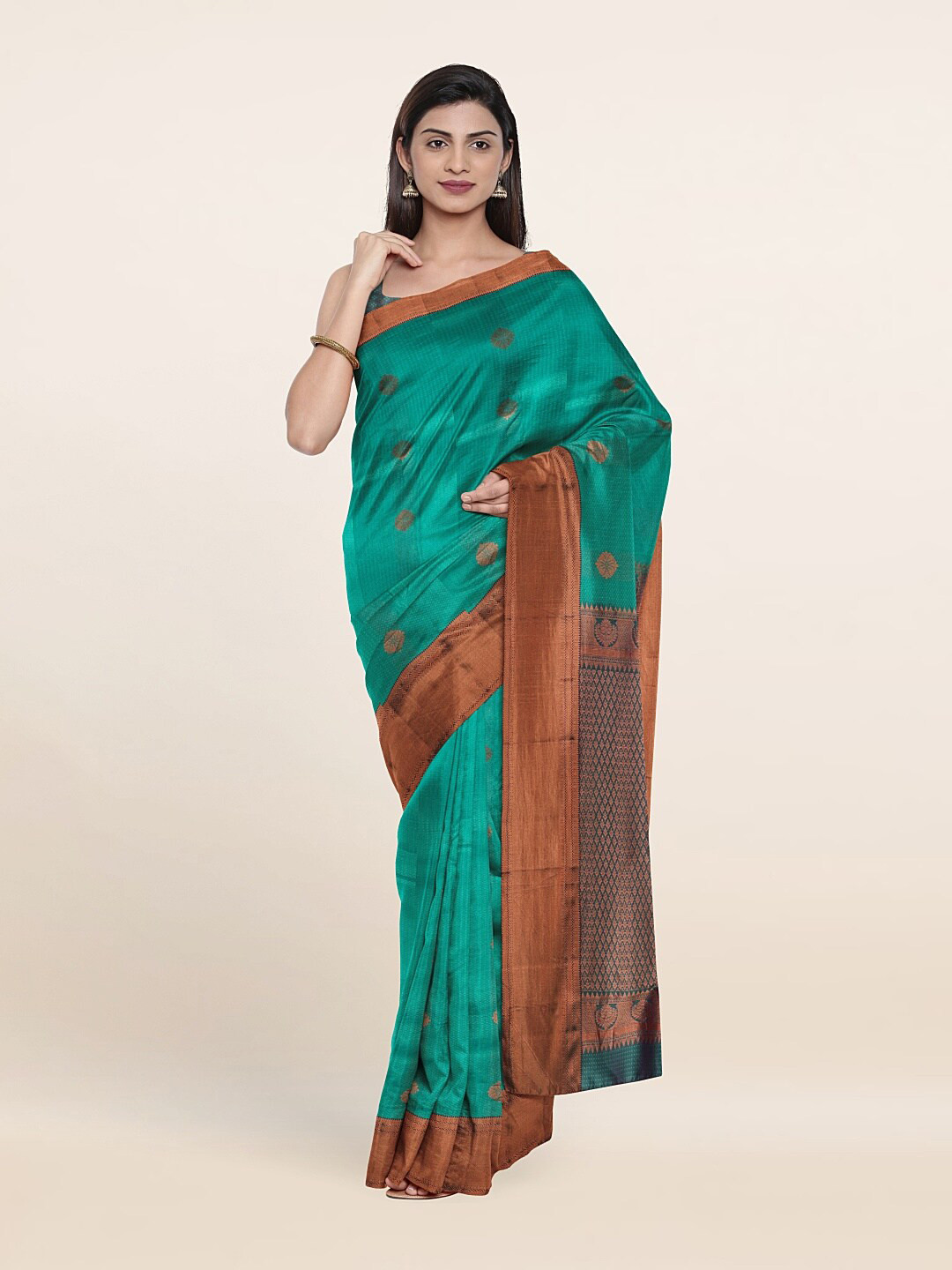 

Pothys Green & Copper-Toned Woven Design Pure Silk Saree