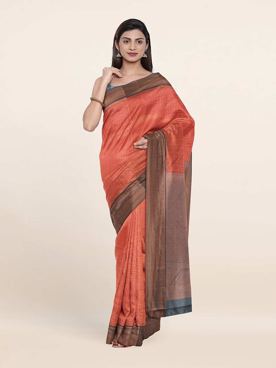 

Pothys Peach-Coloured & Grey Pure Silk Saree