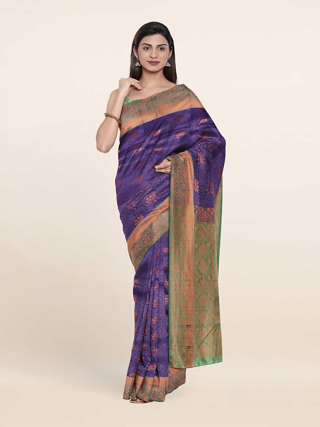 

Pothys Violet & Green Floral Zari Pure Silk Saree