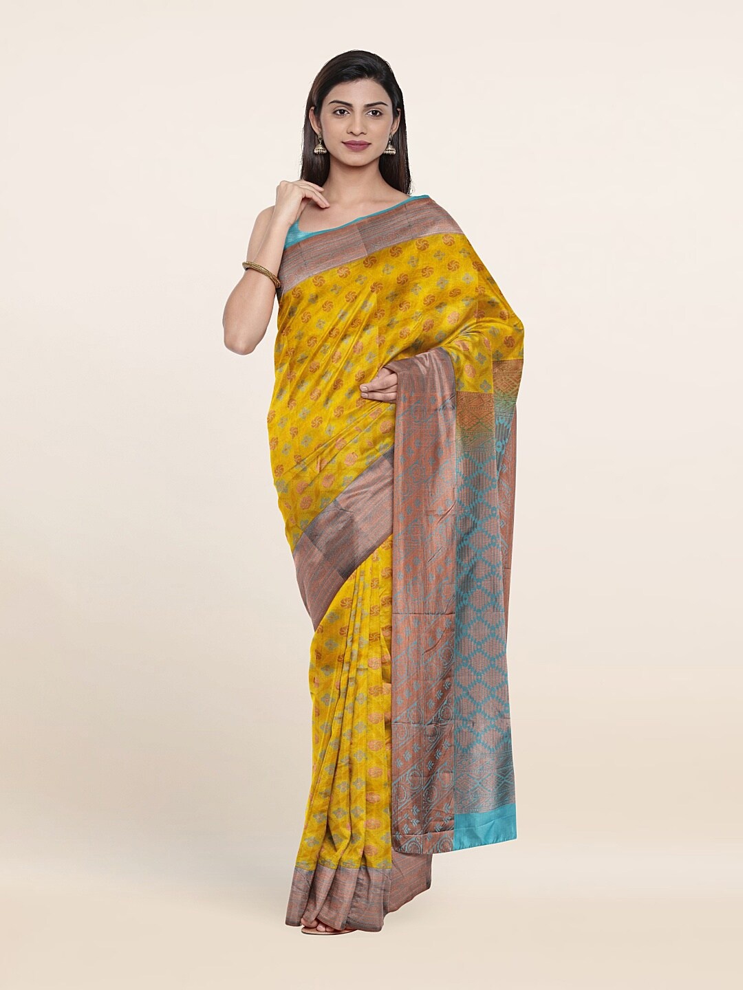 

Pothys Yellow & Blue Floral Zari Pure Silk Saree