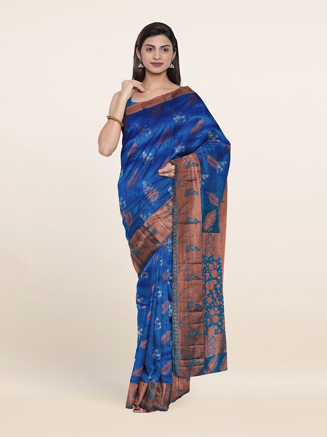 

Pothys Blue & Copper-Toned Floral Zari Pure Silk Saree