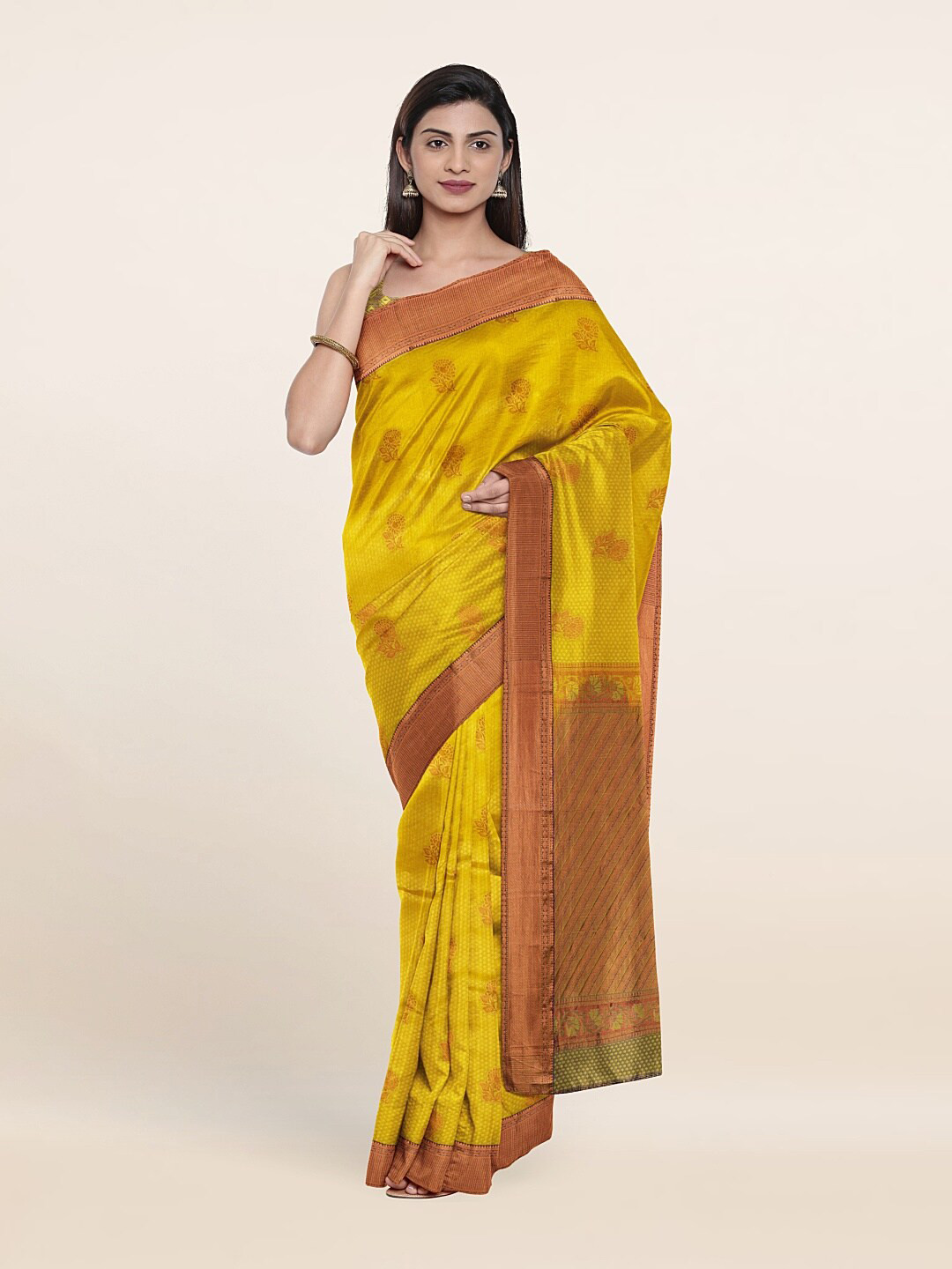 

Pothys Yellow & Copper-Toned Floral Zari Pure Silk Saree