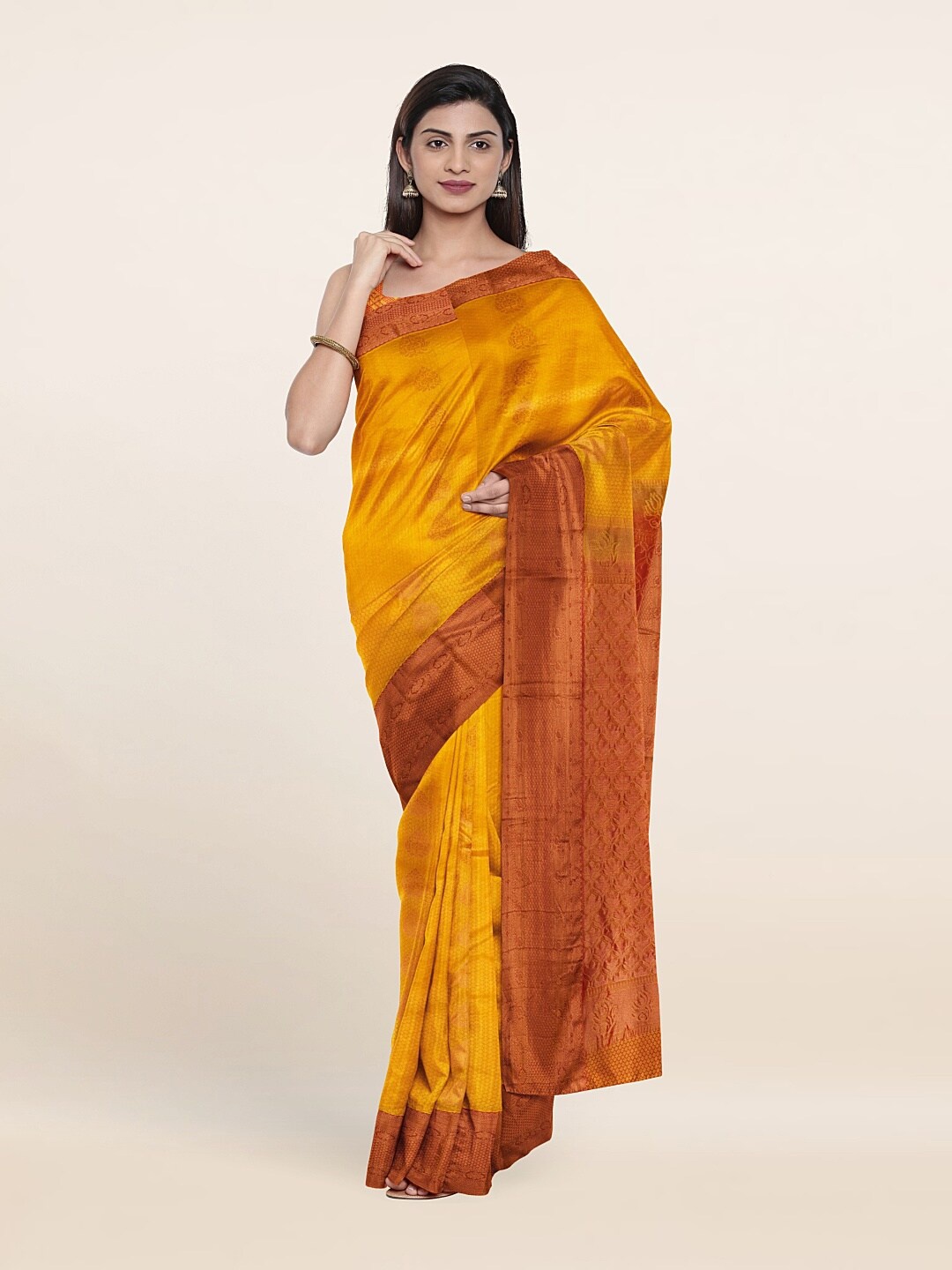 

Pothys Yellow & Red Ethnic Motifs Zari Pure Silk Saree