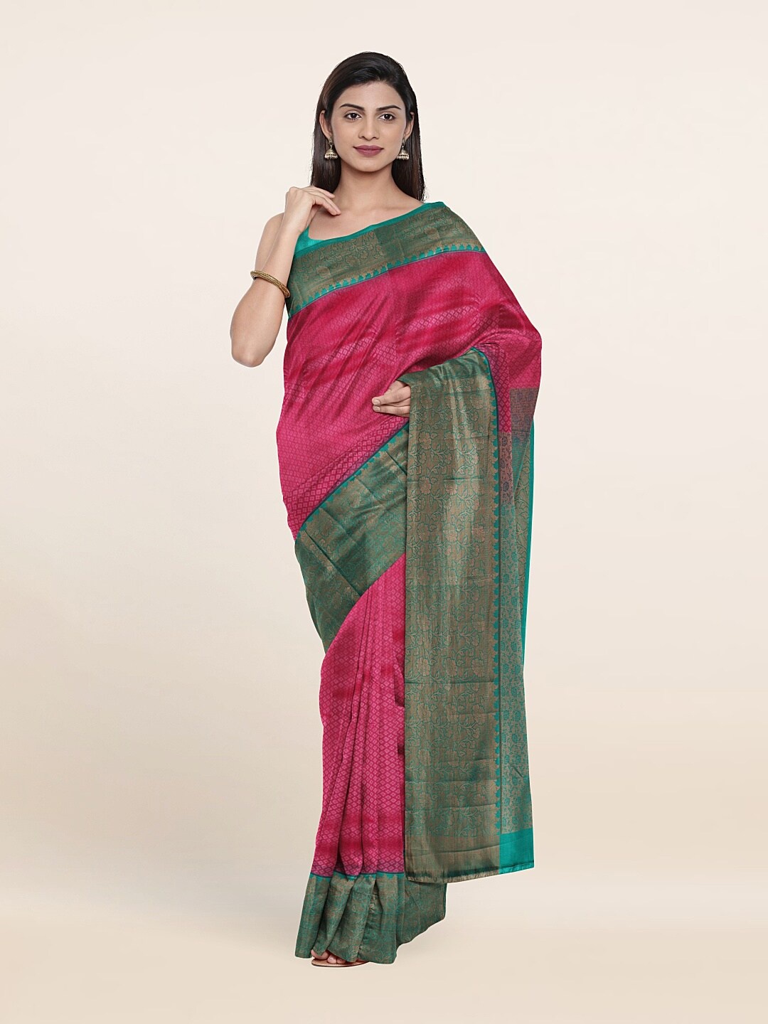 

Pothys Pink & Green Woven Design Zari Pure Silk Saree