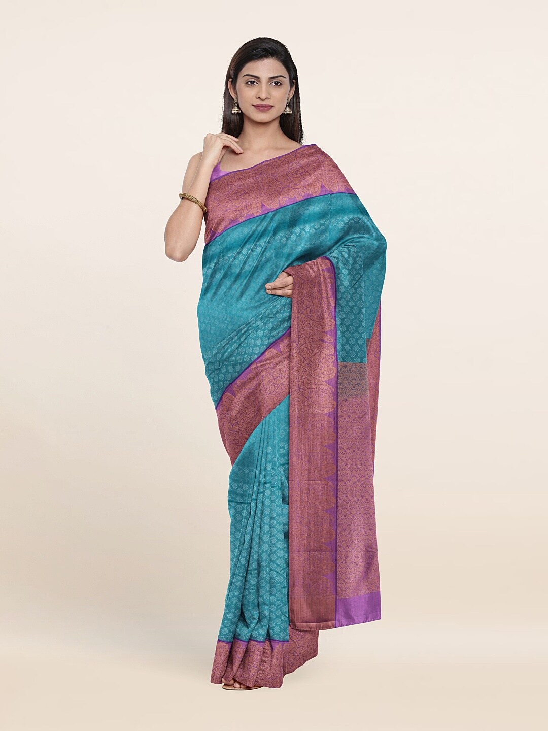 

Pothys Blue & Violet Floral Zari Pure Silk Saree