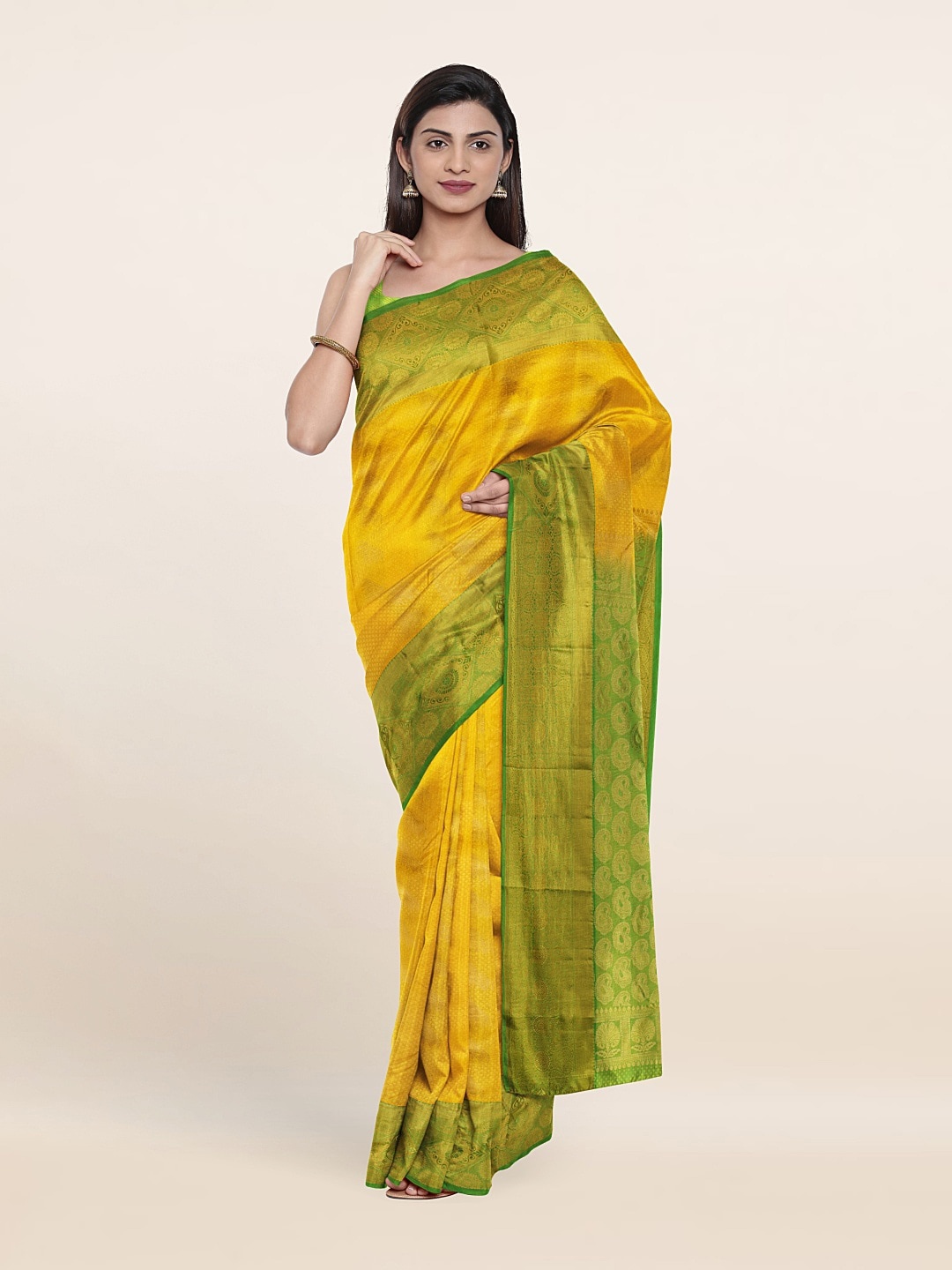 

Pothys Yellow & Green Woven Design Zari Pure Silk Kanjeevaram Saree