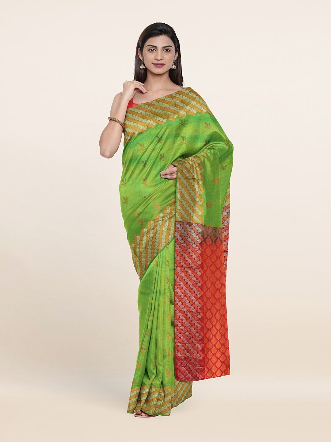 

Pothys Green & Red Woven Design Zari Pure Silk Kanjeevaram Saree