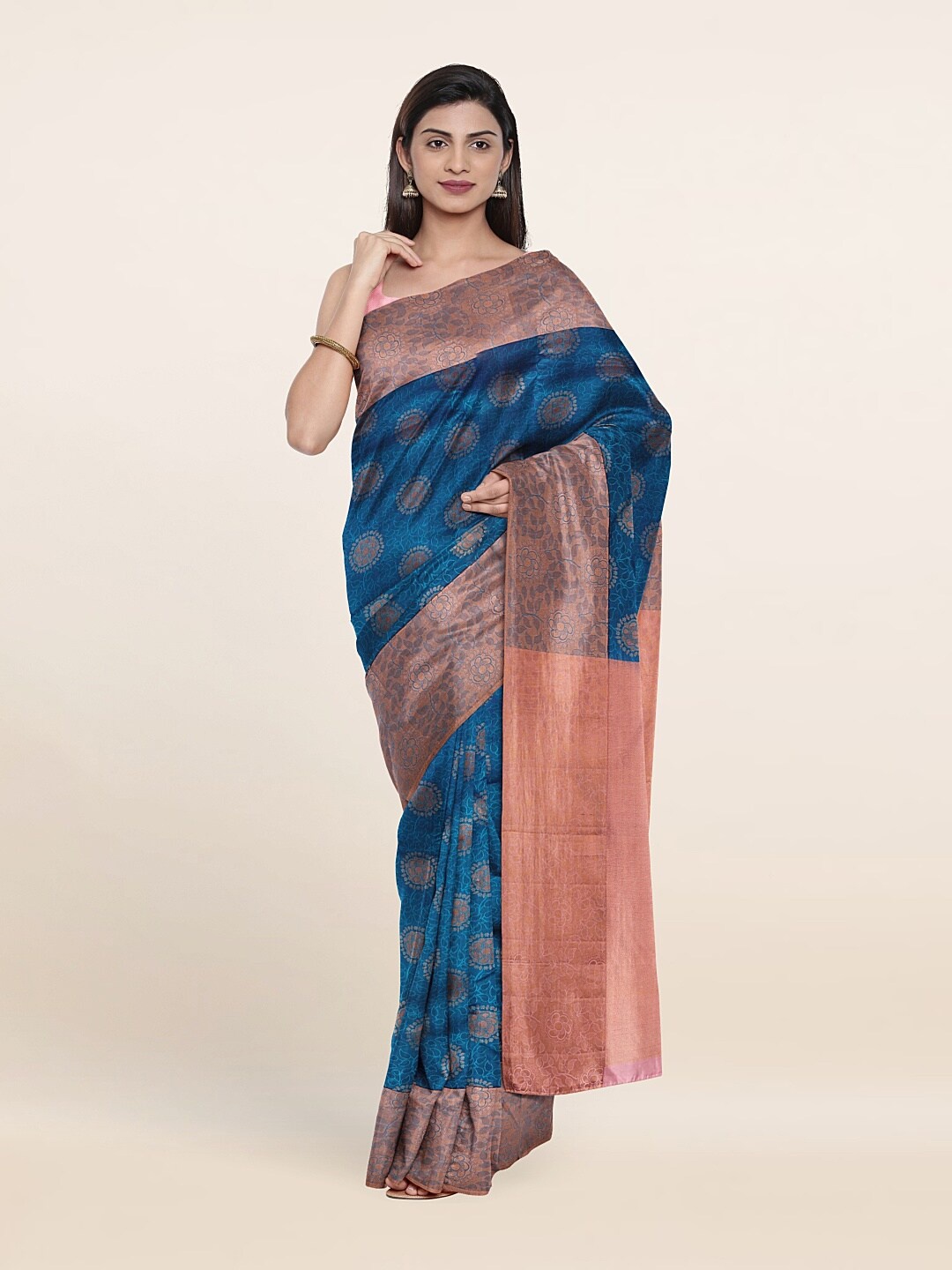 

Pothys Blue & Copper-Toned Woven Design Zari Pure Silk Kanjeevaram Saree