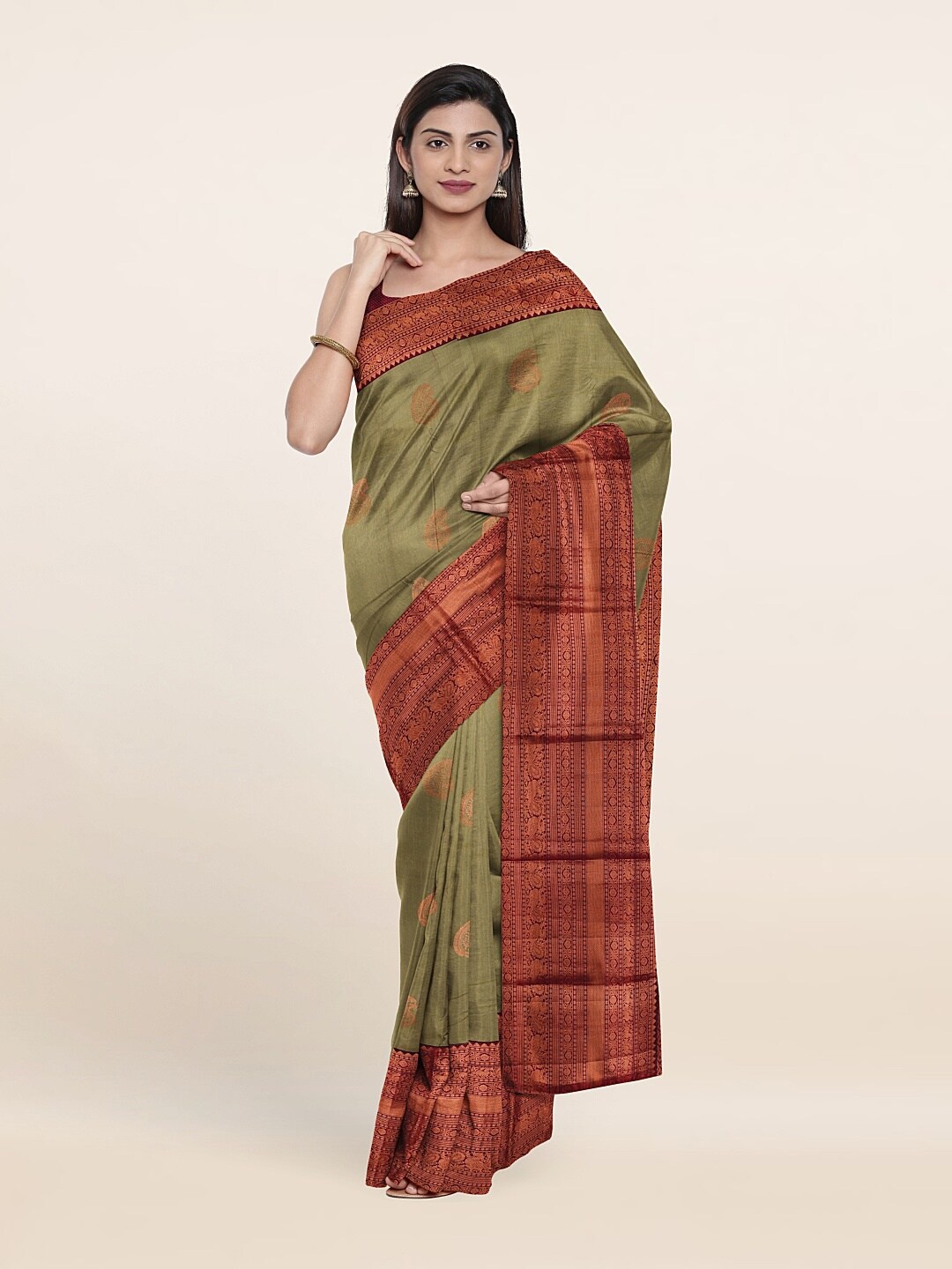 

Pothys Green & Copper-Toned Woven Design Zari Pure Silk Kanjeevaram Saree