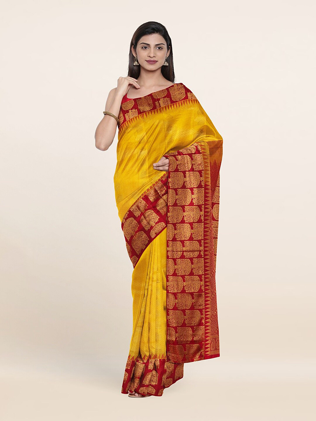 

Pothys Woven Design Zari Border Pure Silk Kanjeevaram Saree, Yellow