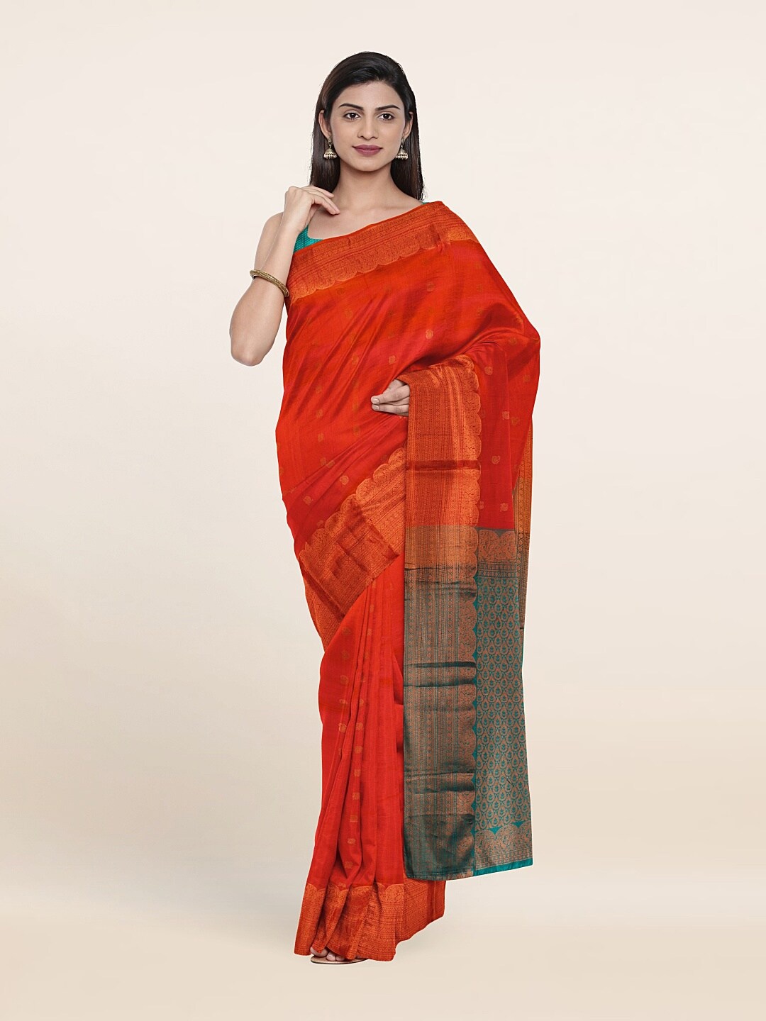 

Pothys Red & Turquoise Blue Woven Design Zari Pure Silk Kanjeevaram Saree