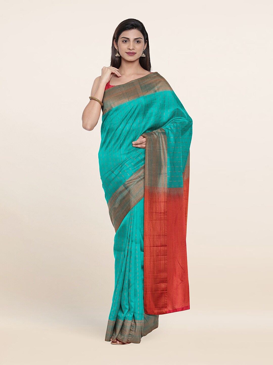 

Pothys Blue & Red Woven Design Zari Pure Silk Kanjeevaram Saree