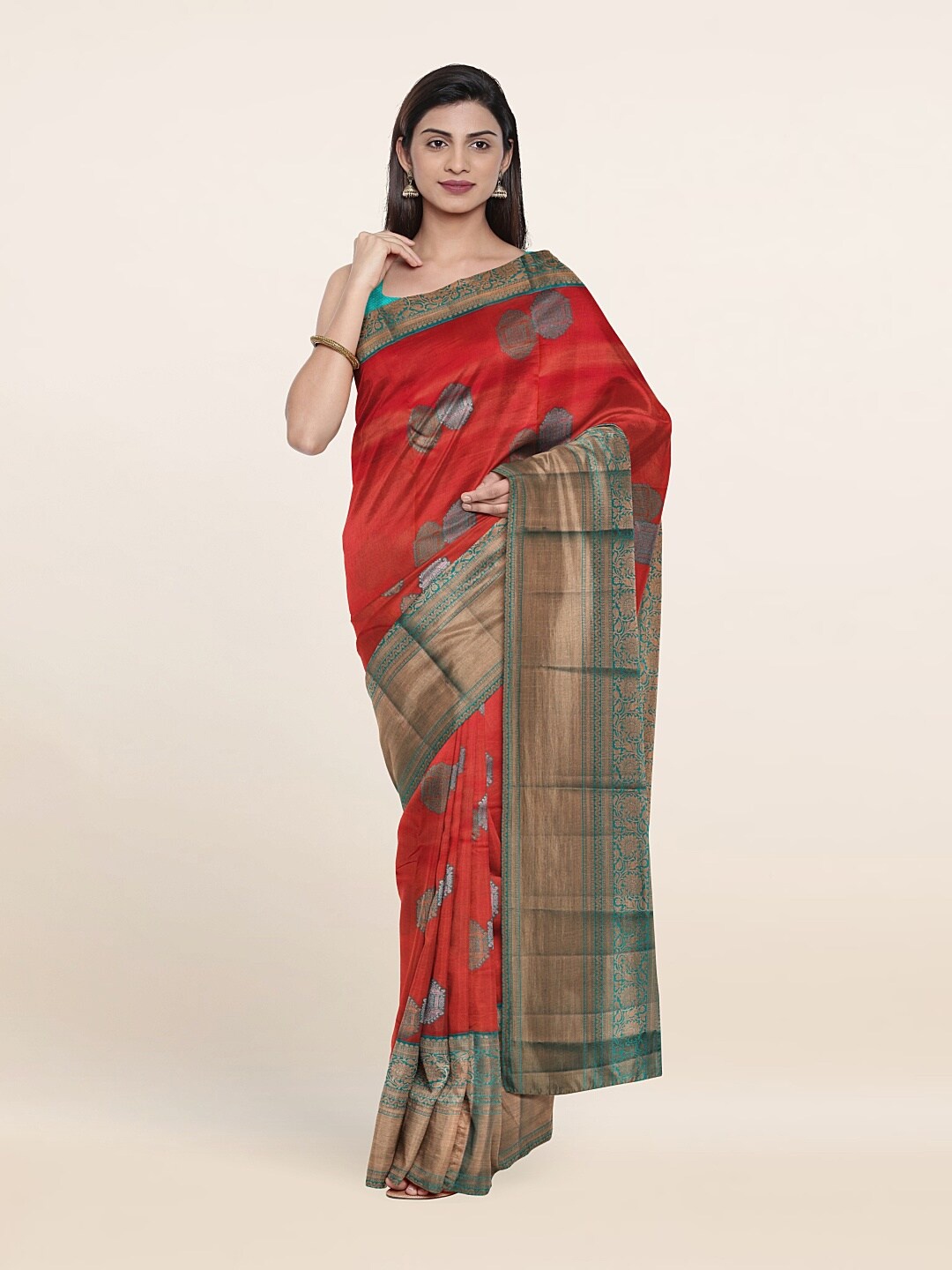 

Pothys Rust & Turquoise Blue Woven Design Zari Pure Silk Kanjeevaram Saree