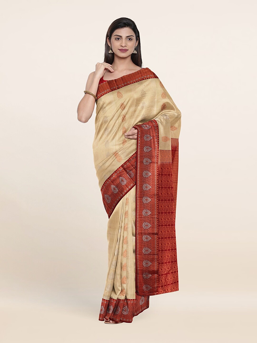 

Pothys Ethnic Motifs Zari Pure Silk Kanjeevaram Saree, Cream