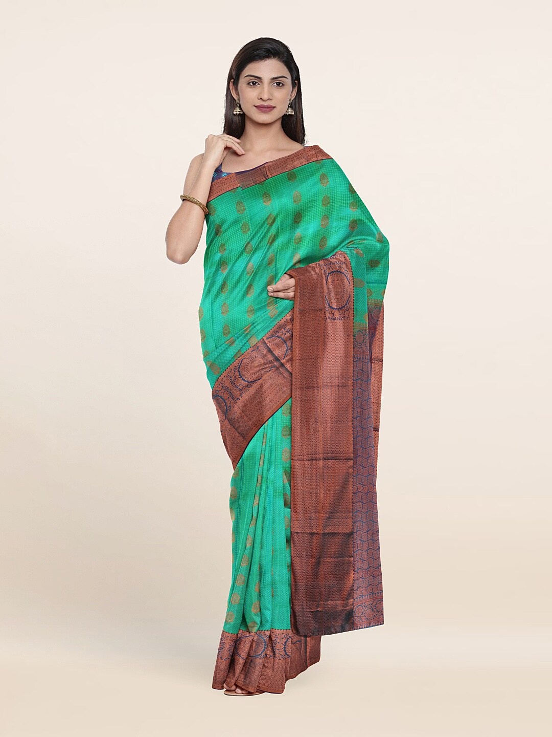

Pothys Green & Blue Ethnic Motifs Zari Pure Silk Kanjeevaram Saree