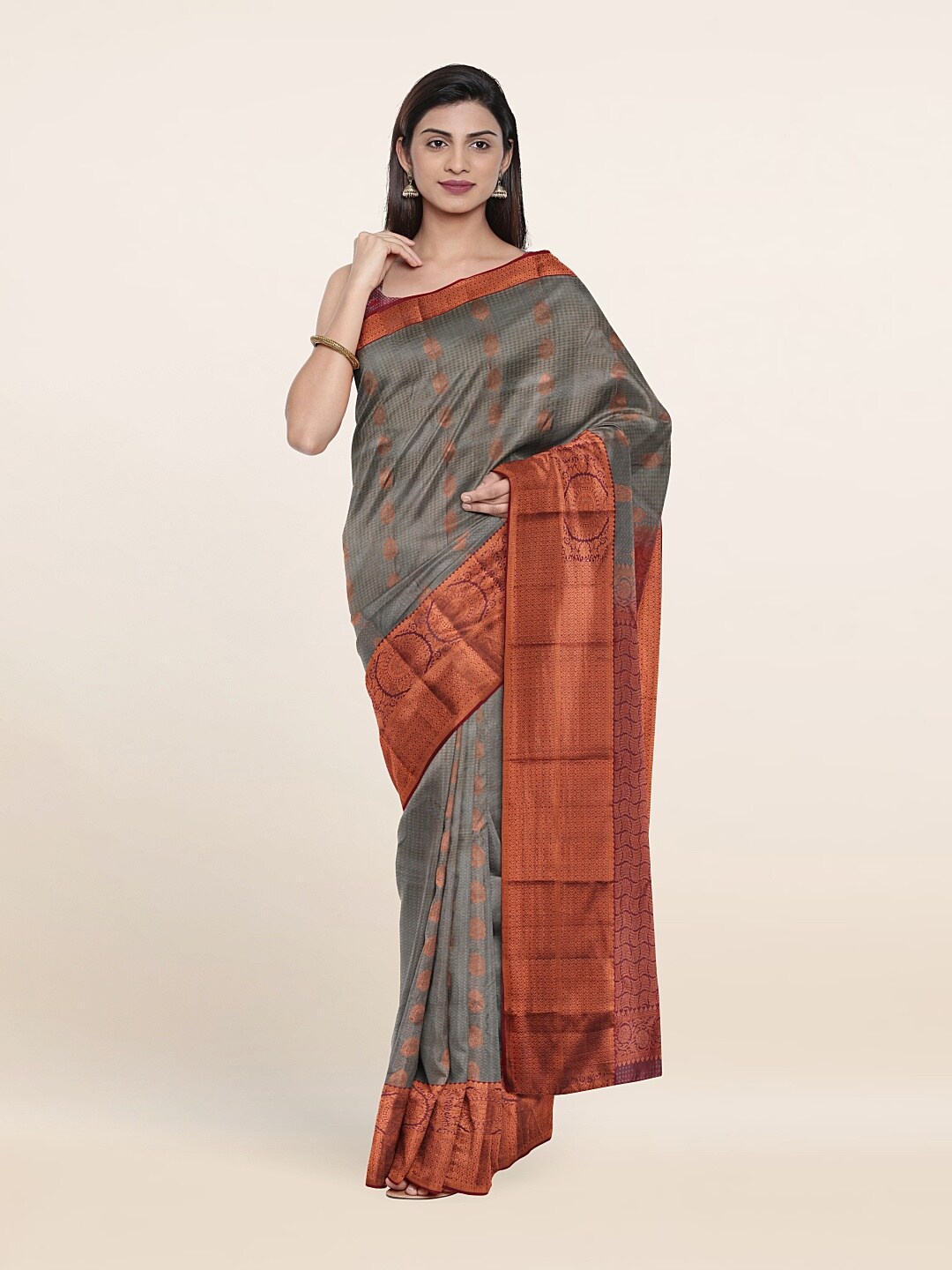 

Pothys Grey & Copper-Toned Ethnic Motifs Zari Pure Silk Kanjeevaram Saree