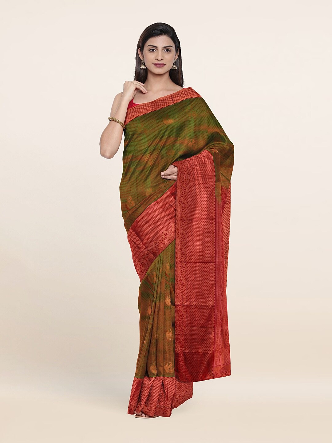 

Pothys Green & Pink Ethnic Motifs Zari Pure Silk Kanjeevaram Saree
