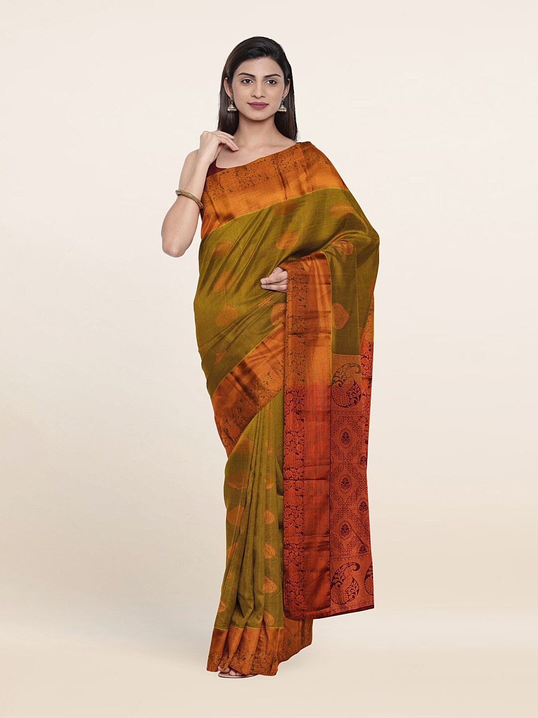 

Pothys Green & Maroon Ethnic Motifs Zari Pure Silk Kanjeevaram Saree