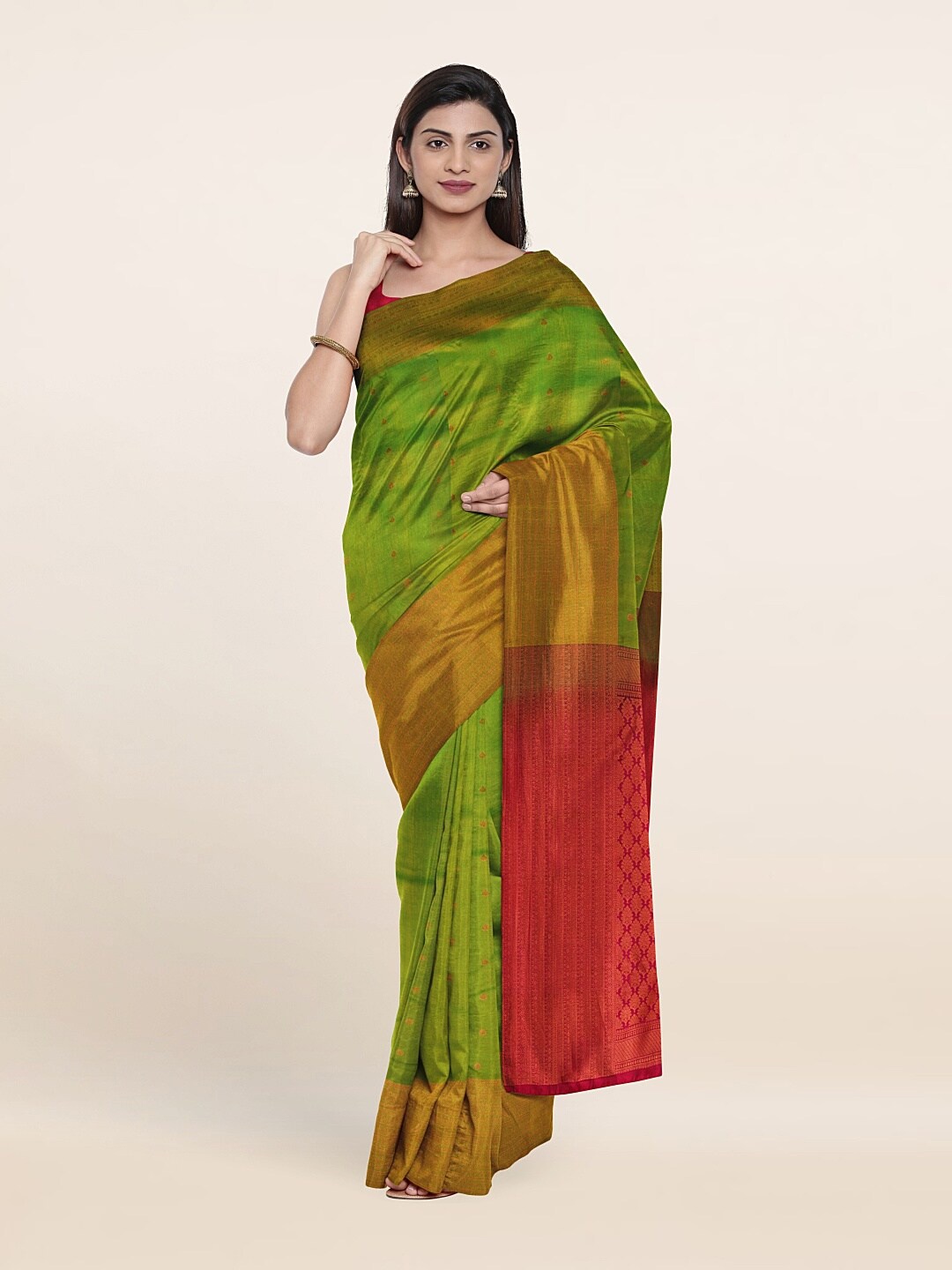 

Pothys Green & Copper-Toned Ethnic Motifs Zari Pure Silk Kanjeevaram Saree