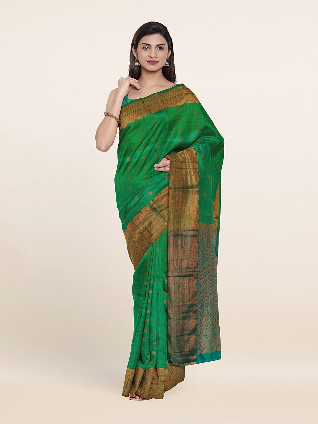 

Pothys Green & Copper-Toned Ethnic Motifs Zari Pure Silk Kanjeevaram Saree