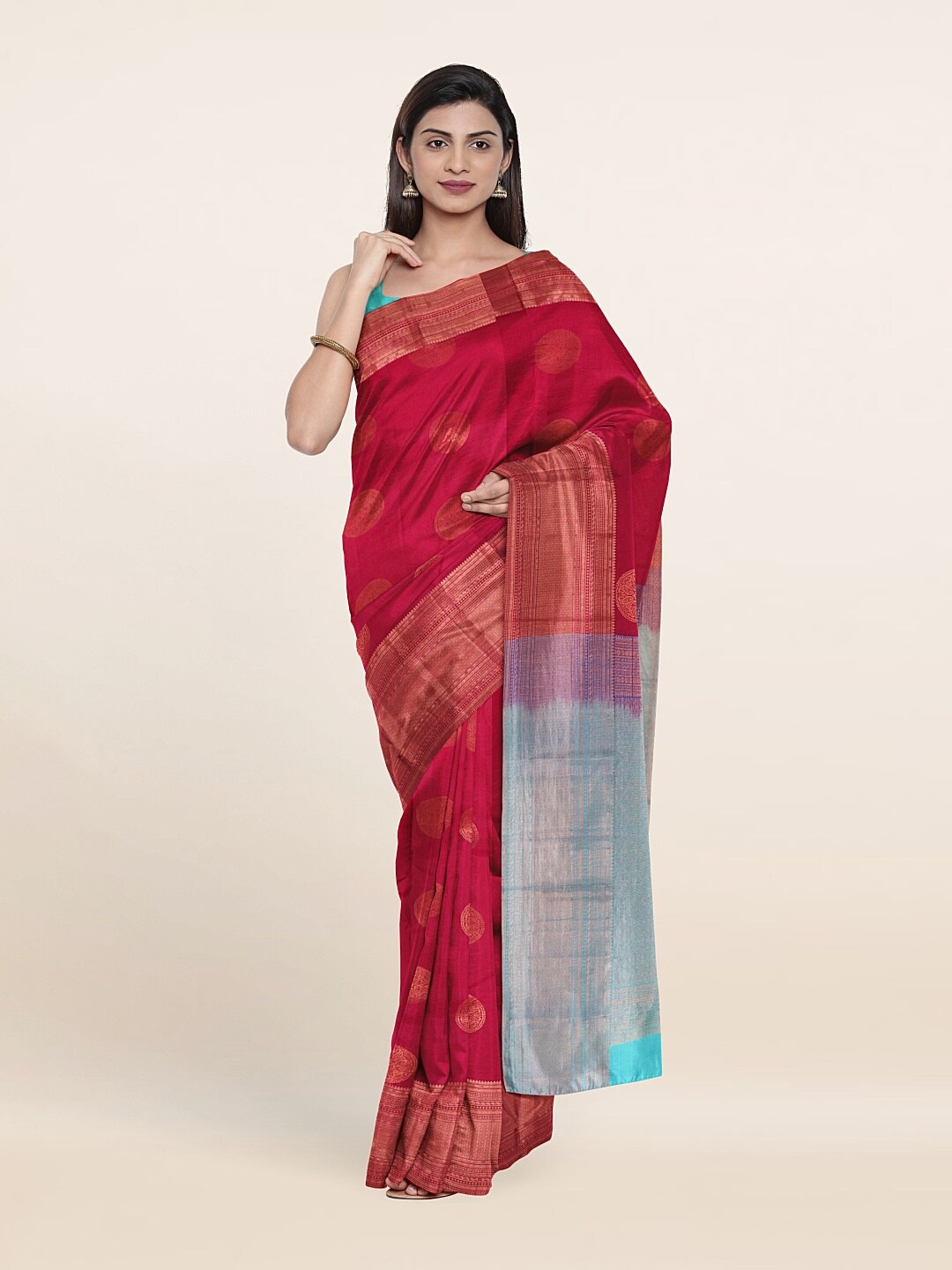 

Pothys Pink & Turquoise Blue Ethnic Motifs Zari Pure Silk Kanjeevaram Saree