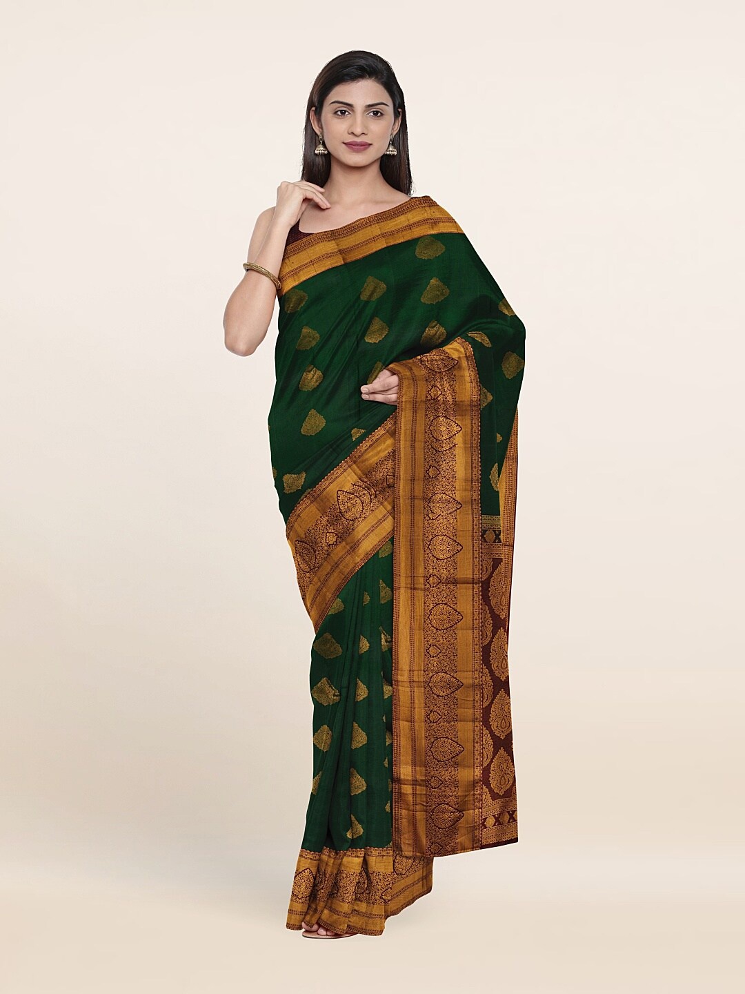 

Pothys Green & Brown Ethnic Motifs Zari Pure Silk Kanjeevaram Saree