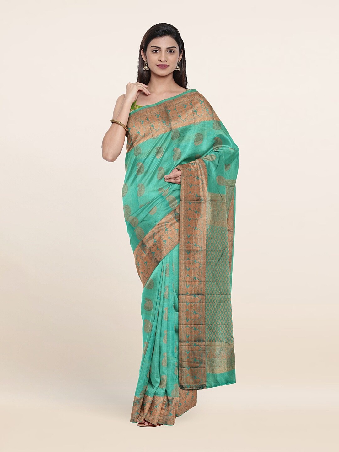 

Pothys Green & Copper-Toned Woven Design Zari Pure Silk Kanjeevaram Saree