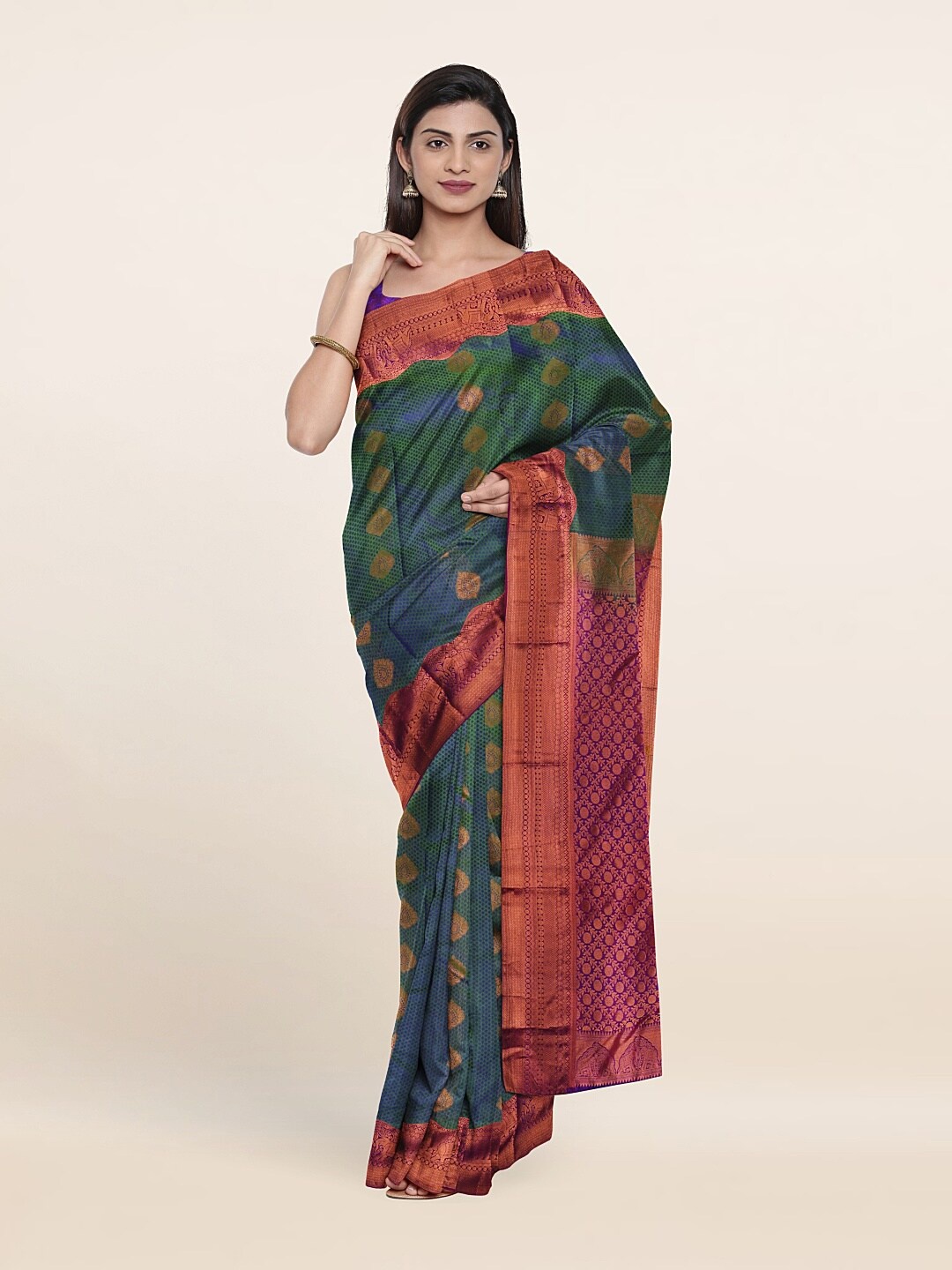 

Pothys Blue & Violet Ethnic Motifs Zari Pure Silk Kanjeevaram Saree