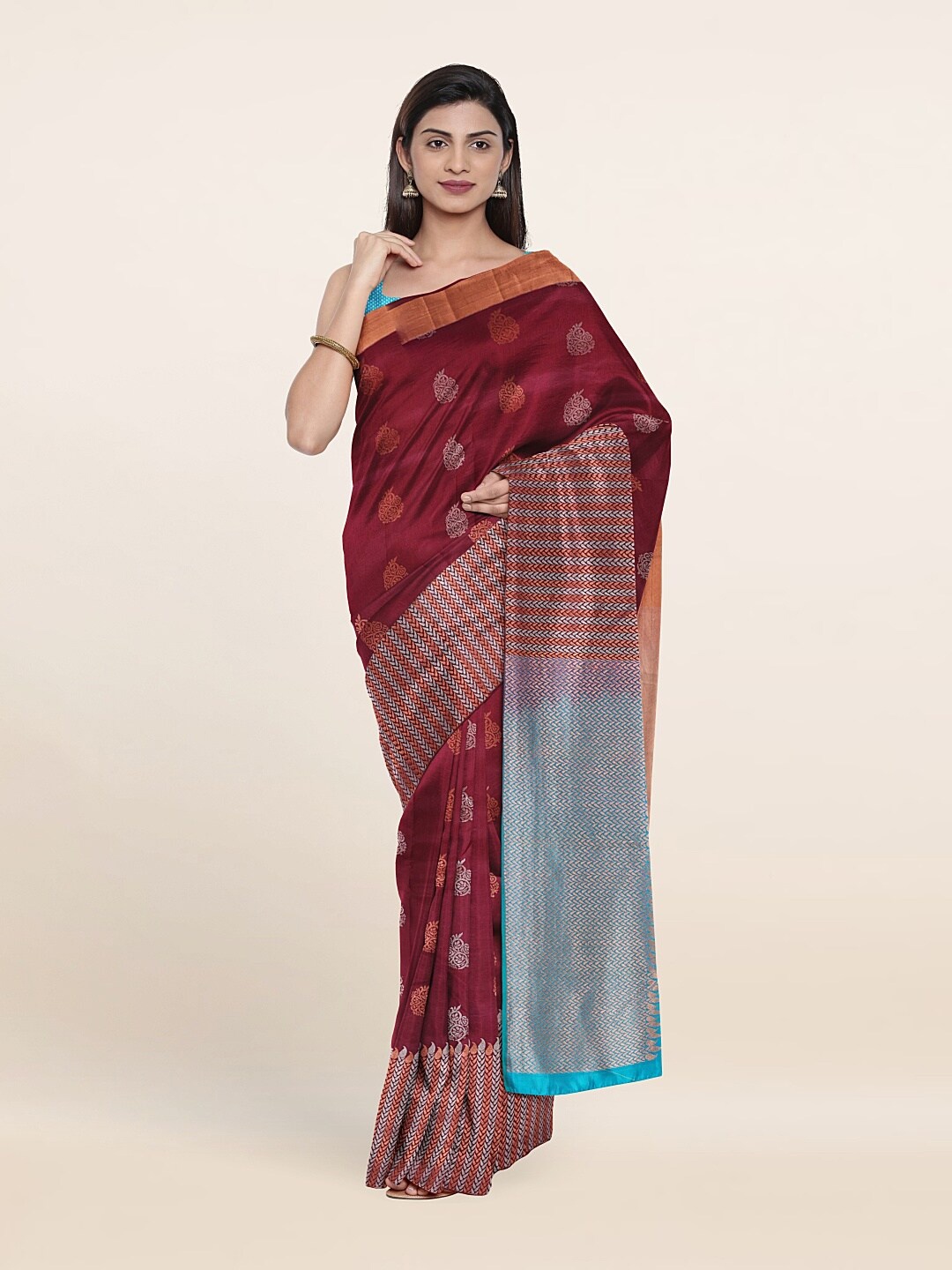 

Pothys Maroon & Blue Ethnic Motifs Zari Pure Silk Kanjeevaram Saree