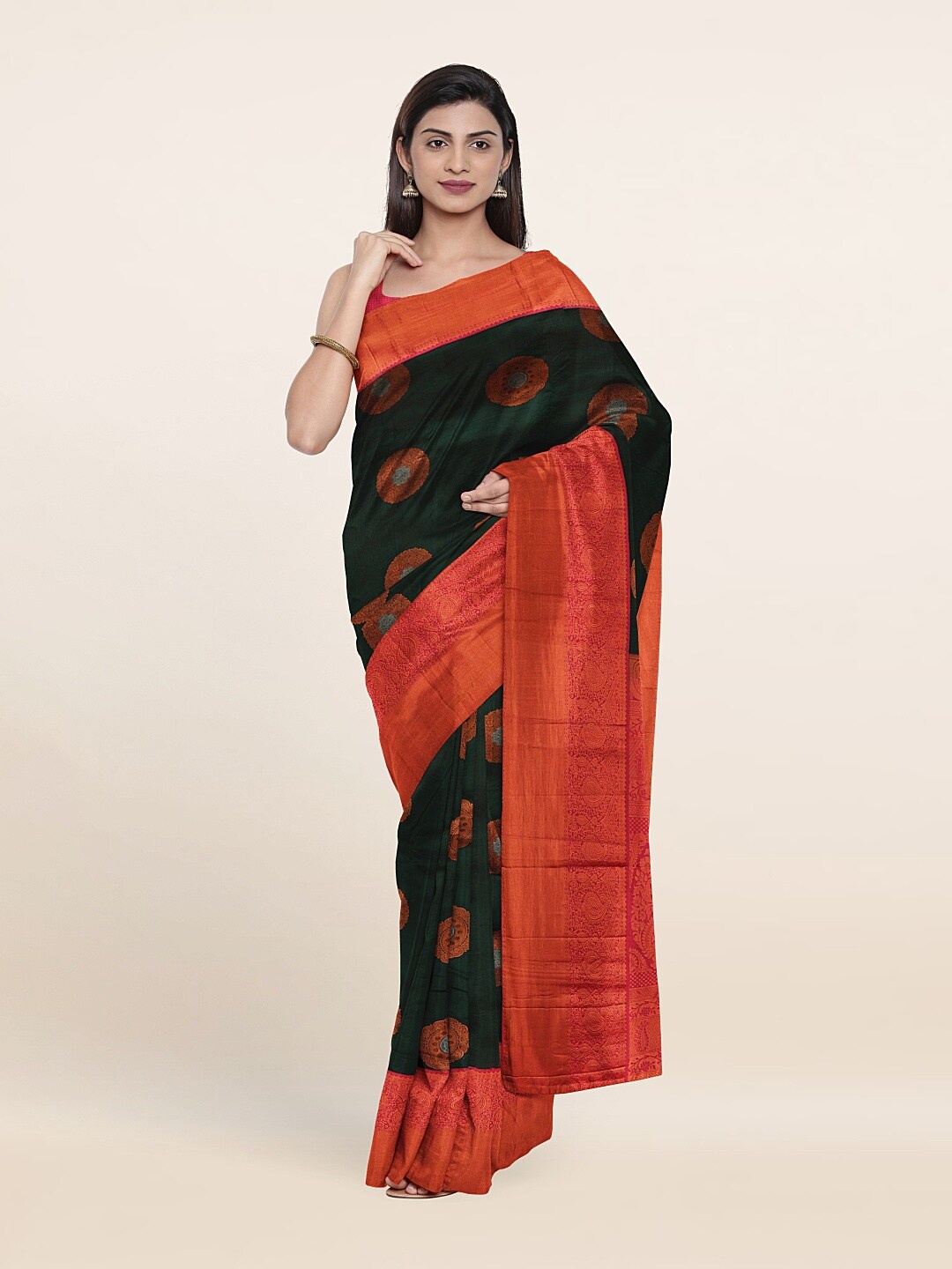 

Pothys Green & Orange Woven Design Zari Pure Silk Kanjeevaram Saree