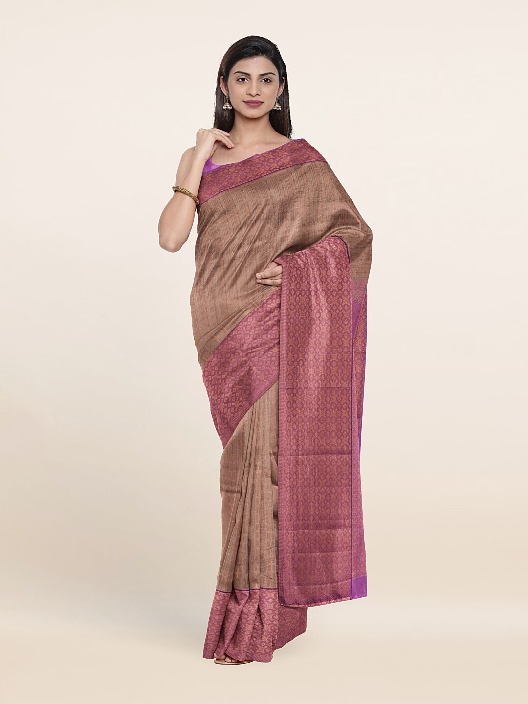 

Pothys Woven Design Zari Pure Silk Kanjeevaram Saree, Tan
