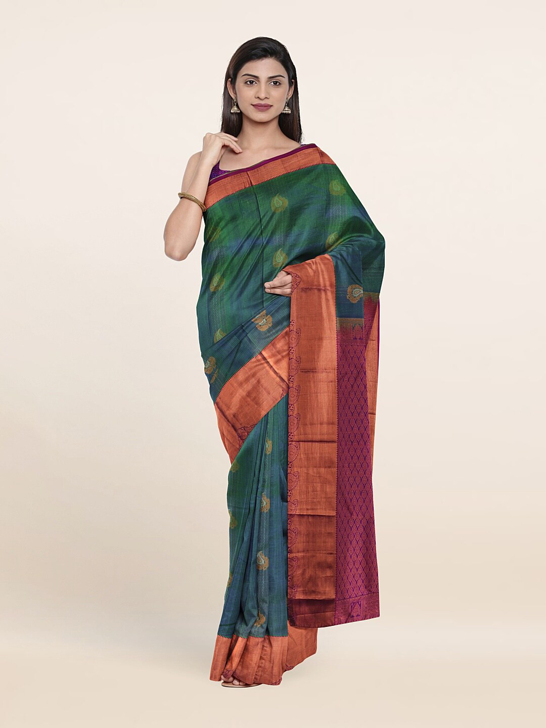 

Pothys Green & Violet Ethnic Motifs Zari Pure Silk Kanjeevaram Saree