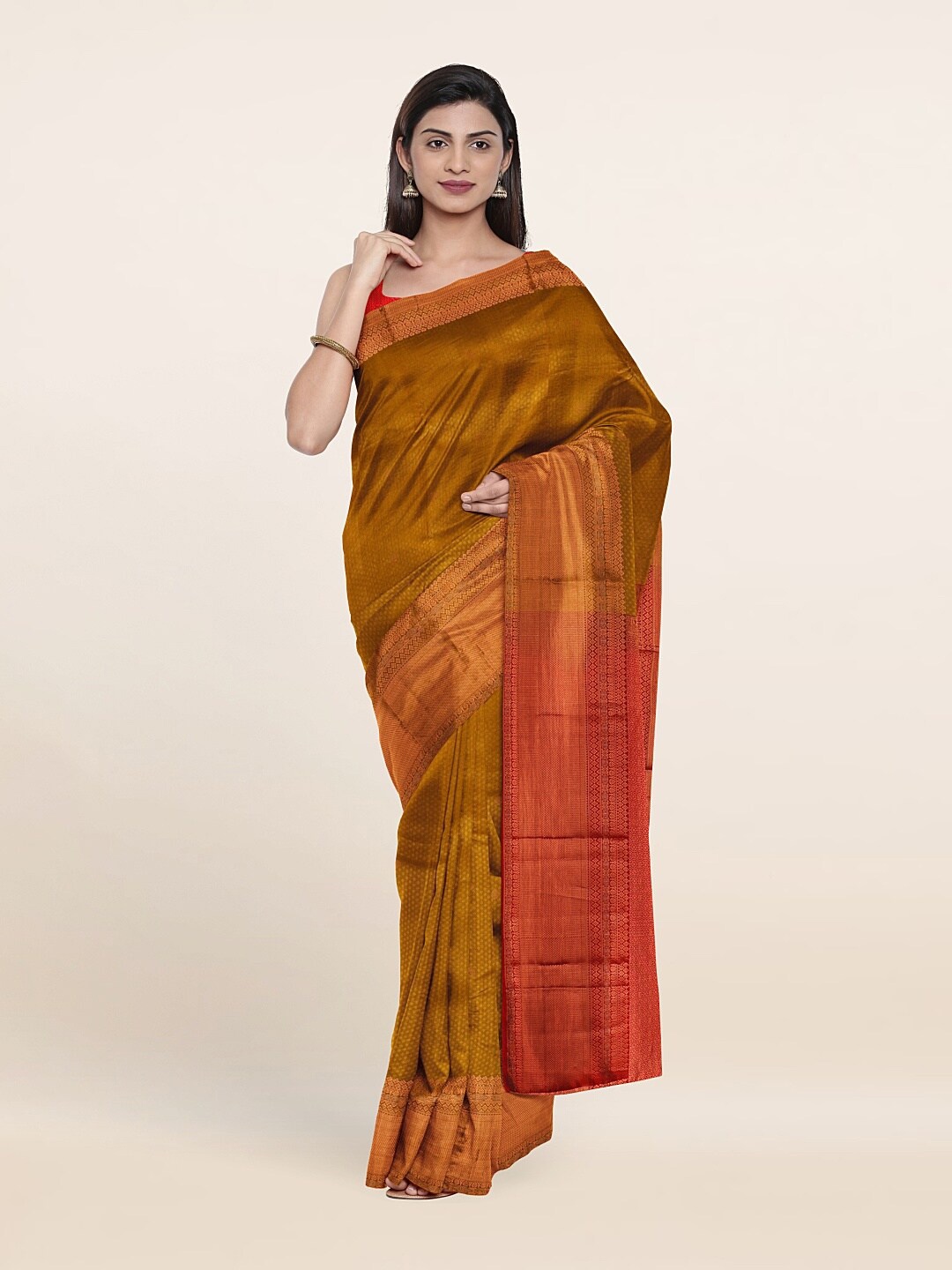 

Pothys Mustard & Red Woven Design Zari Pure Silk Kanjeevaram Saree