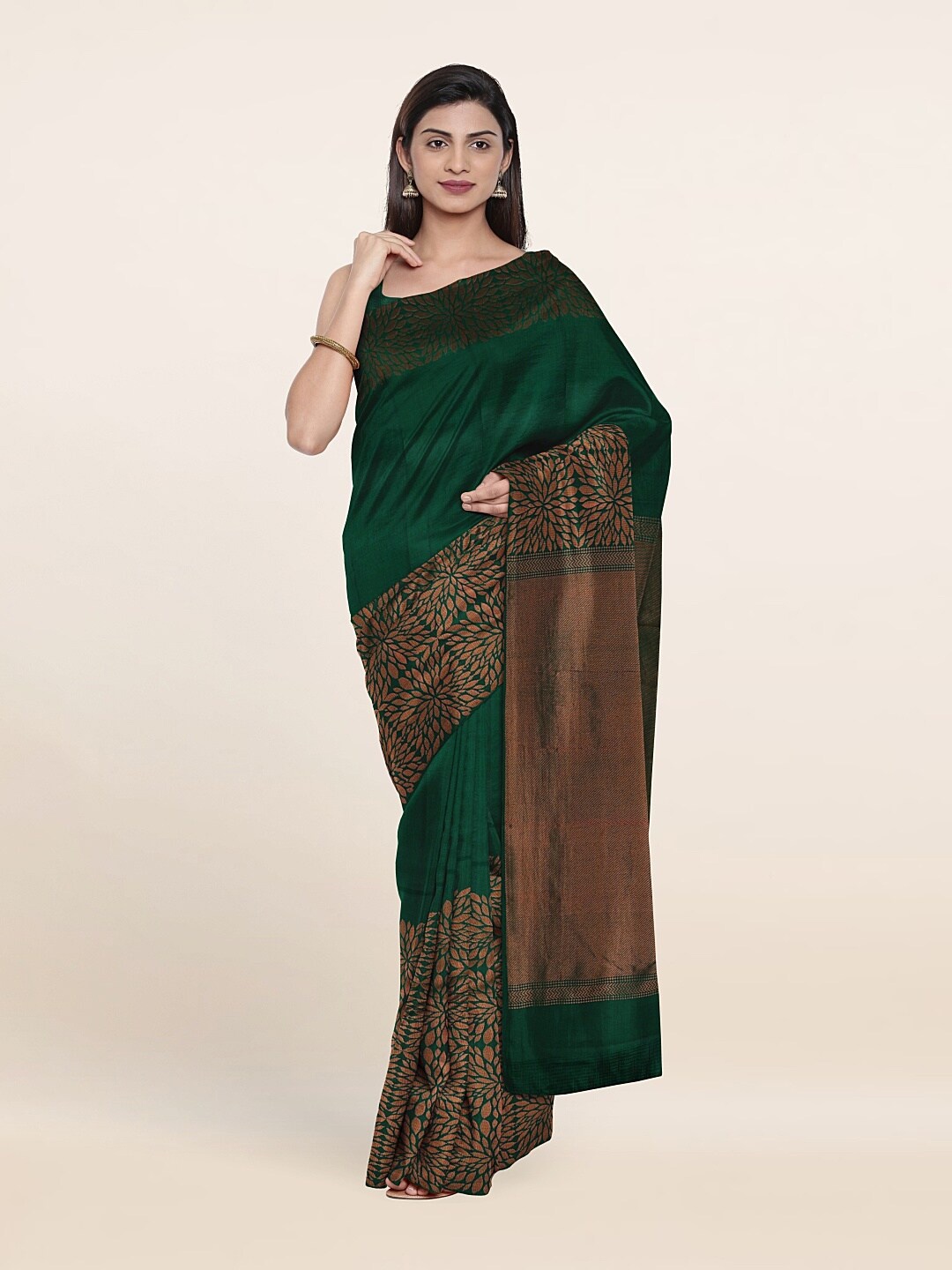 

Pothys Green & Copper-Toned Woven Design Zari Pure Silk Kanjeevaram Saree