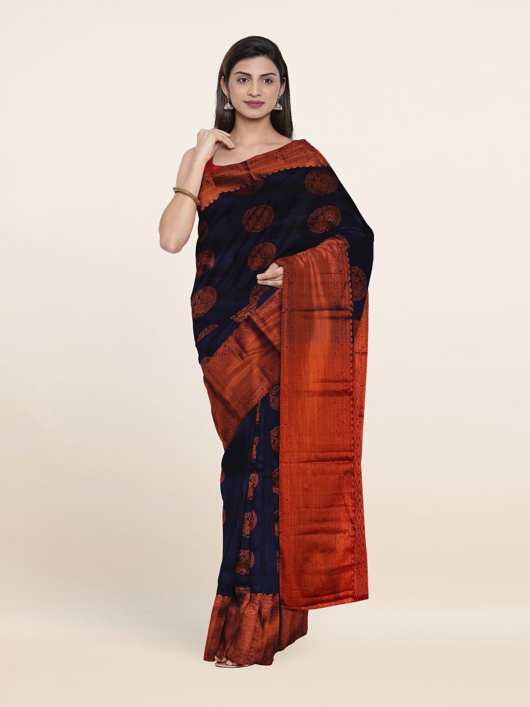 

Pothys Ethnic Motifs Zari Pure Silk Kanjeevaram Saree, Navy blue