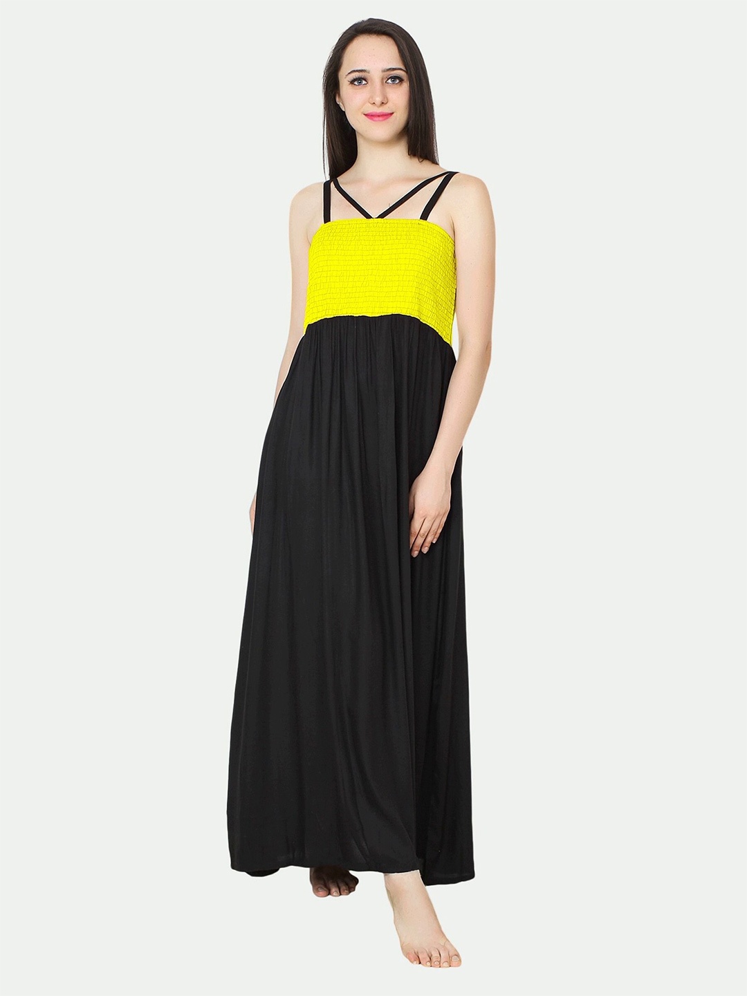 

PATRORNA Women Black & Yellow Solid Shoulder Straps Fit And Flare Dress