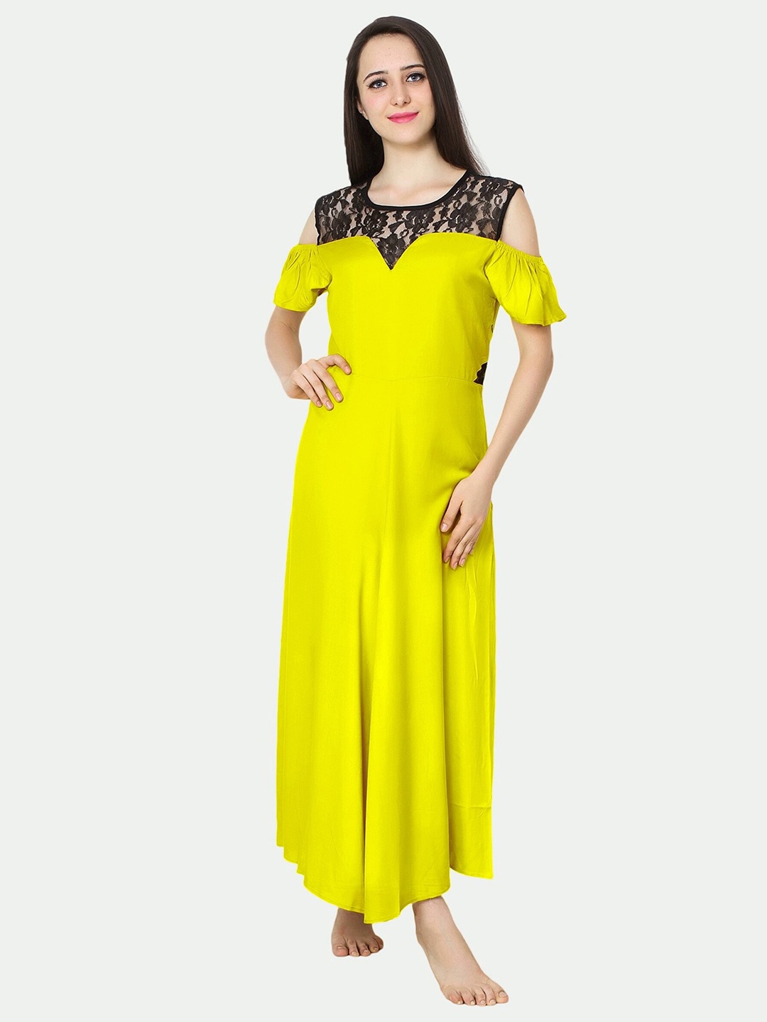 

PATRORNA Women Solid Cotton Blend Maxi Nightdress, Yellow