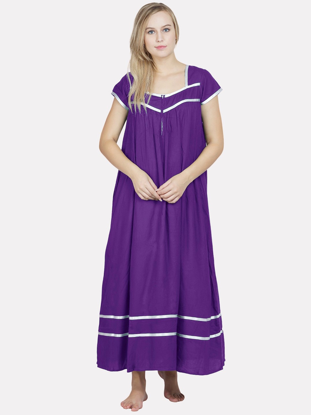

PATRORNA Women Solid Cotton Blend Maxi Nightdress, Purple