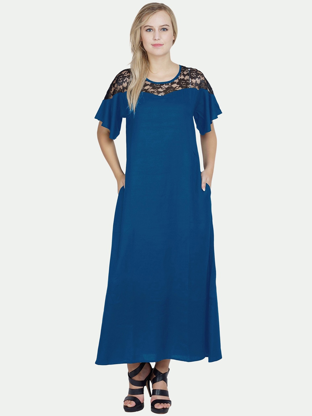 

PATRORNA Women Solid Cotton Blend Maxi Dress, Teal