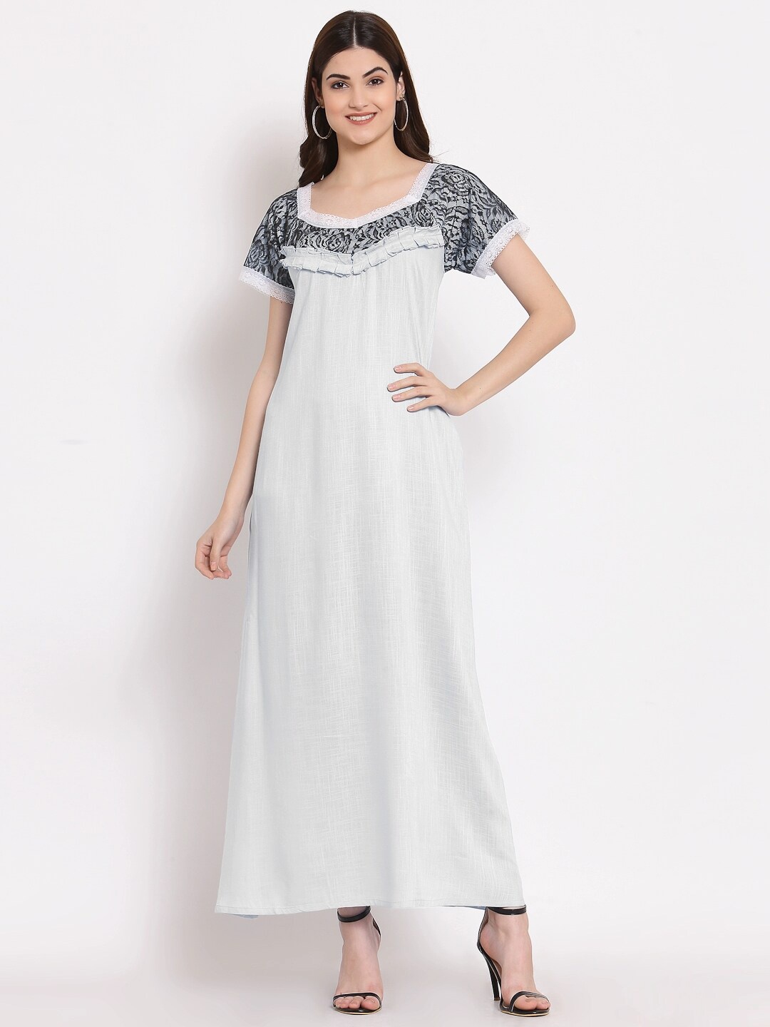 

PATRORNA Women Solid Cotton Blend Maxi Nightdress, White