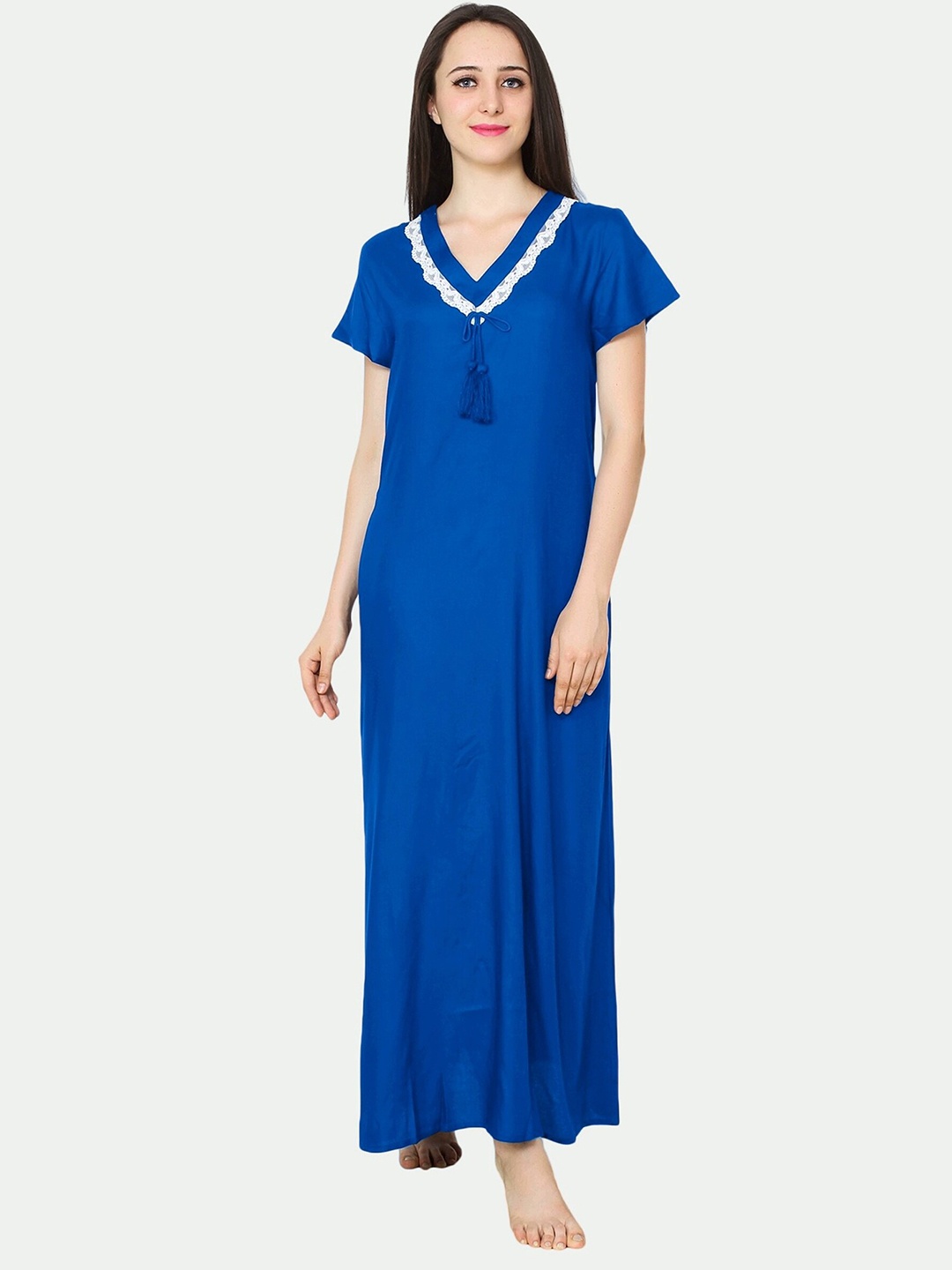 

PATRORNA Women Solid Cotton Blend V-Neck Maxi Nightdress, Blue