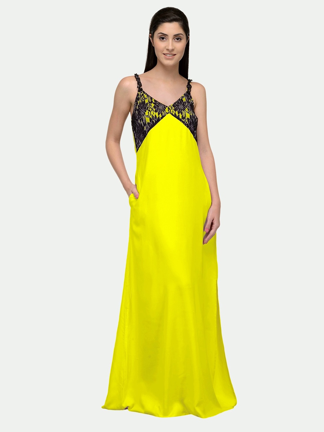

PATRORNA Women Solid Shoulder Strap Maxi Nightdress, Yellow