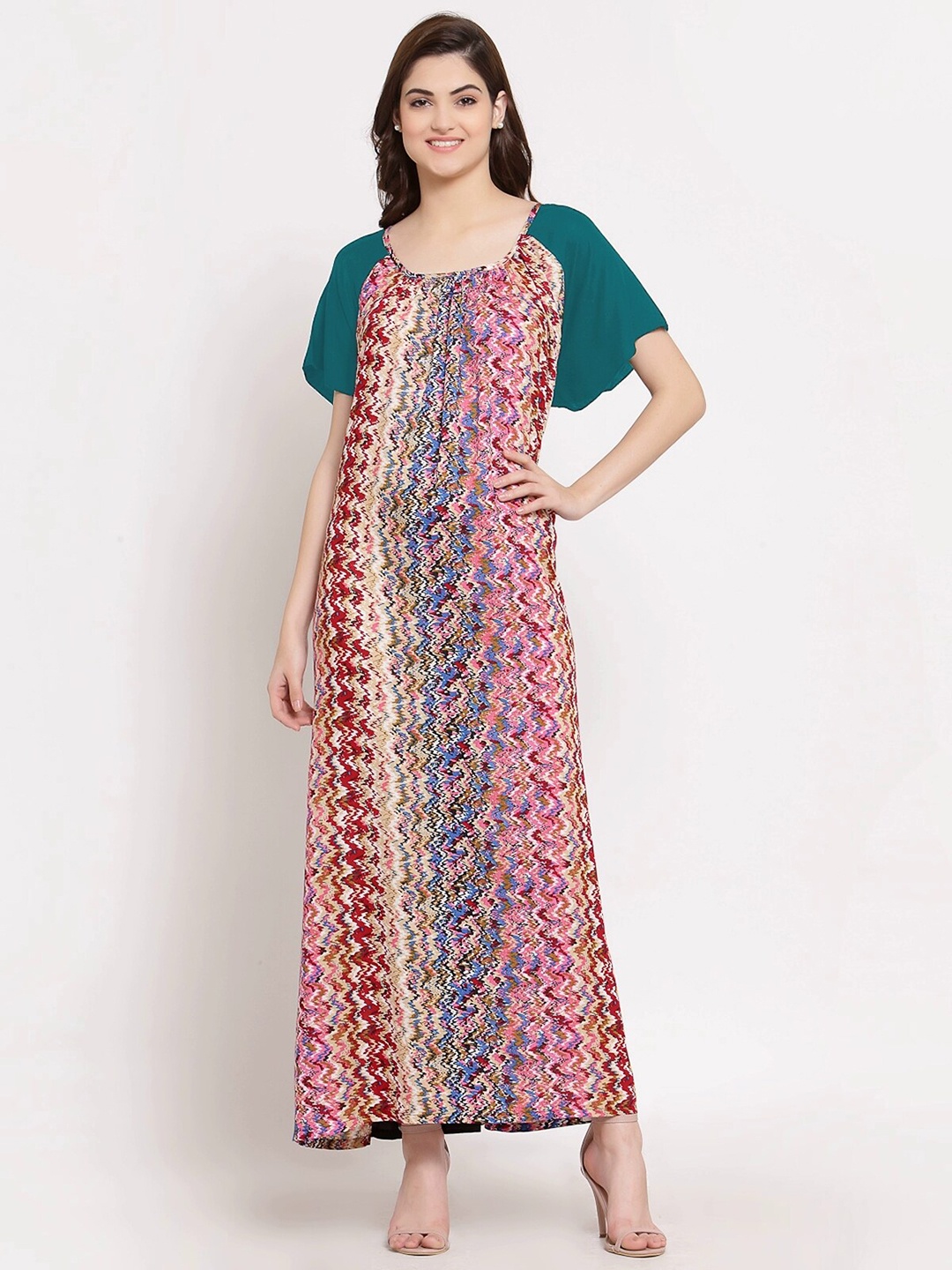 

PATRORNA Women Printed Cotton Blend Maxi Nightdress, Teal
