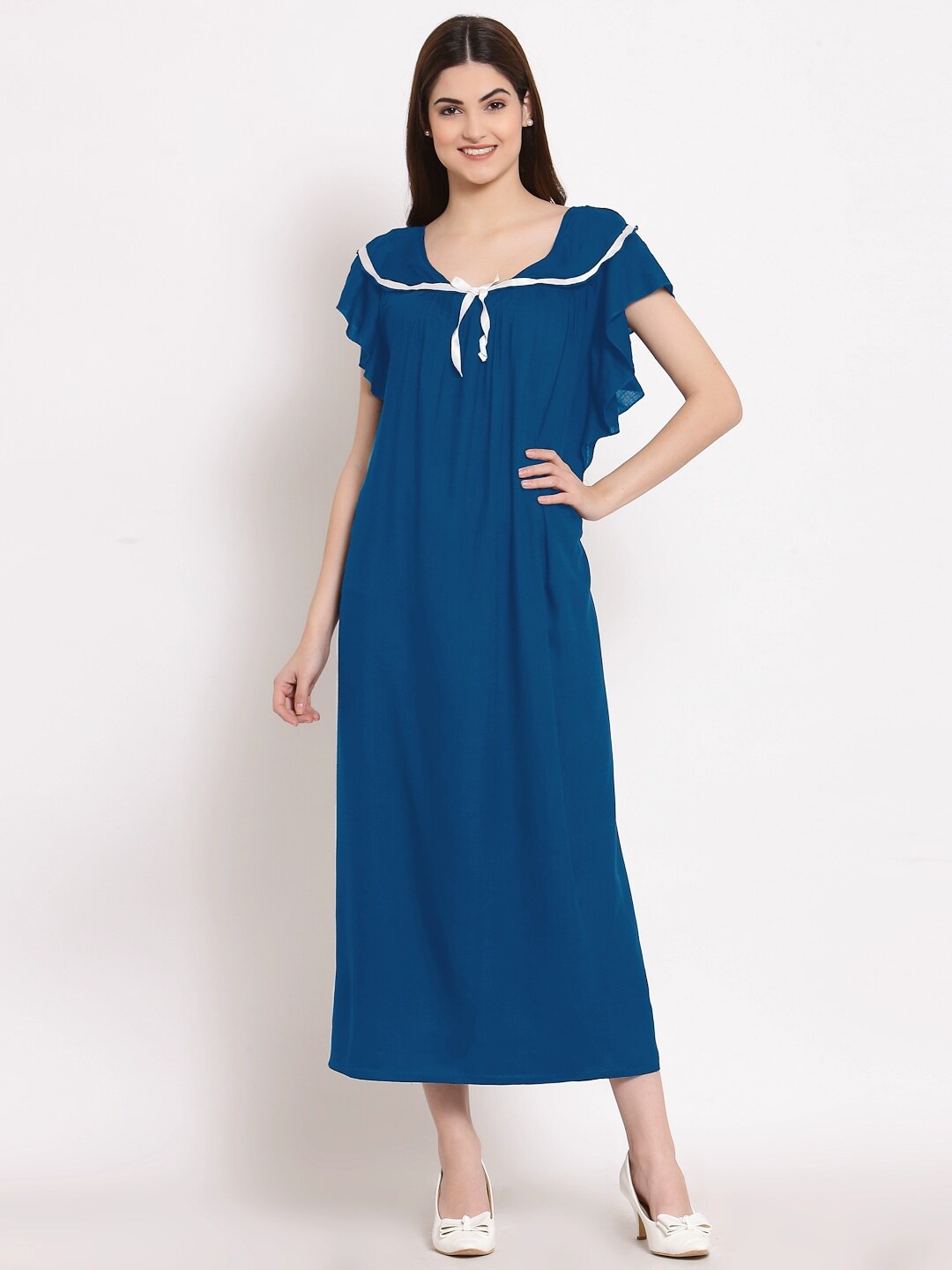 

PATRORNA Women Solid Cotton Blend Maxi Nightdress, Teal