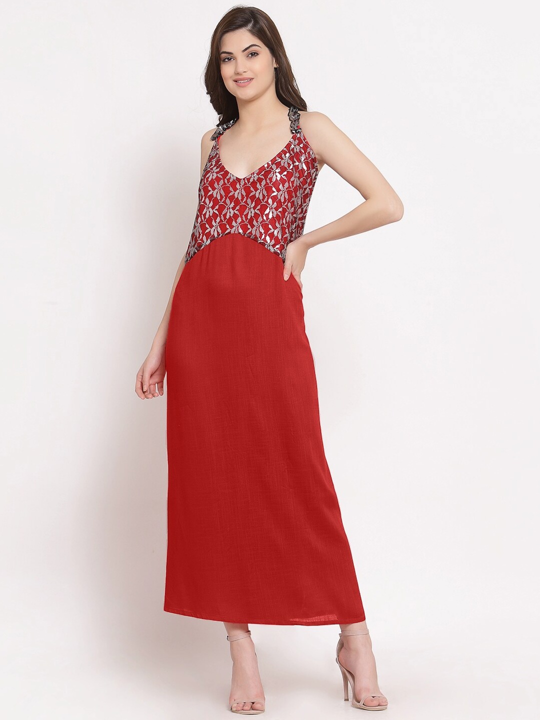 

PATRORNA Women Self Designed Maxi Nightdress, Maroon