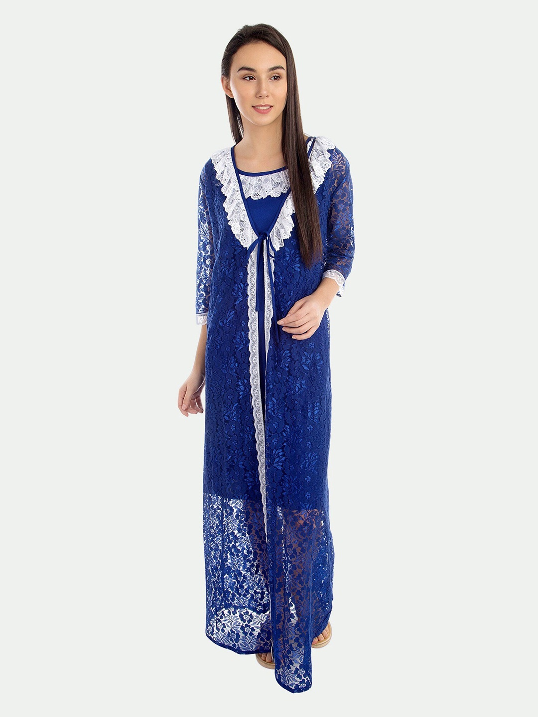 

PATRORNA Women Self Designed Midi Nightdress With Maxi Net Robe, Blue