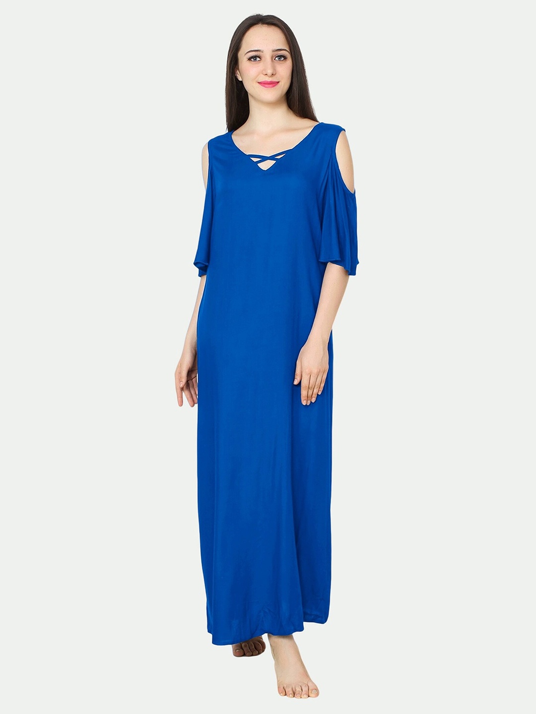 

PATRORNA Women Solid Cotton Blend Maxi Dress, Blue